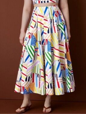 NWT Rosie Assoulin Multicolor Geometric Maxi Skirt - Pleated Poplin Sizes 10, 14